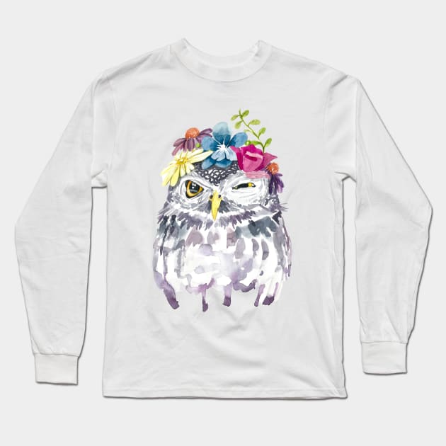 Watercolor Floral Owl Long Sleeve T-Shirt by MagdalenaIllustration